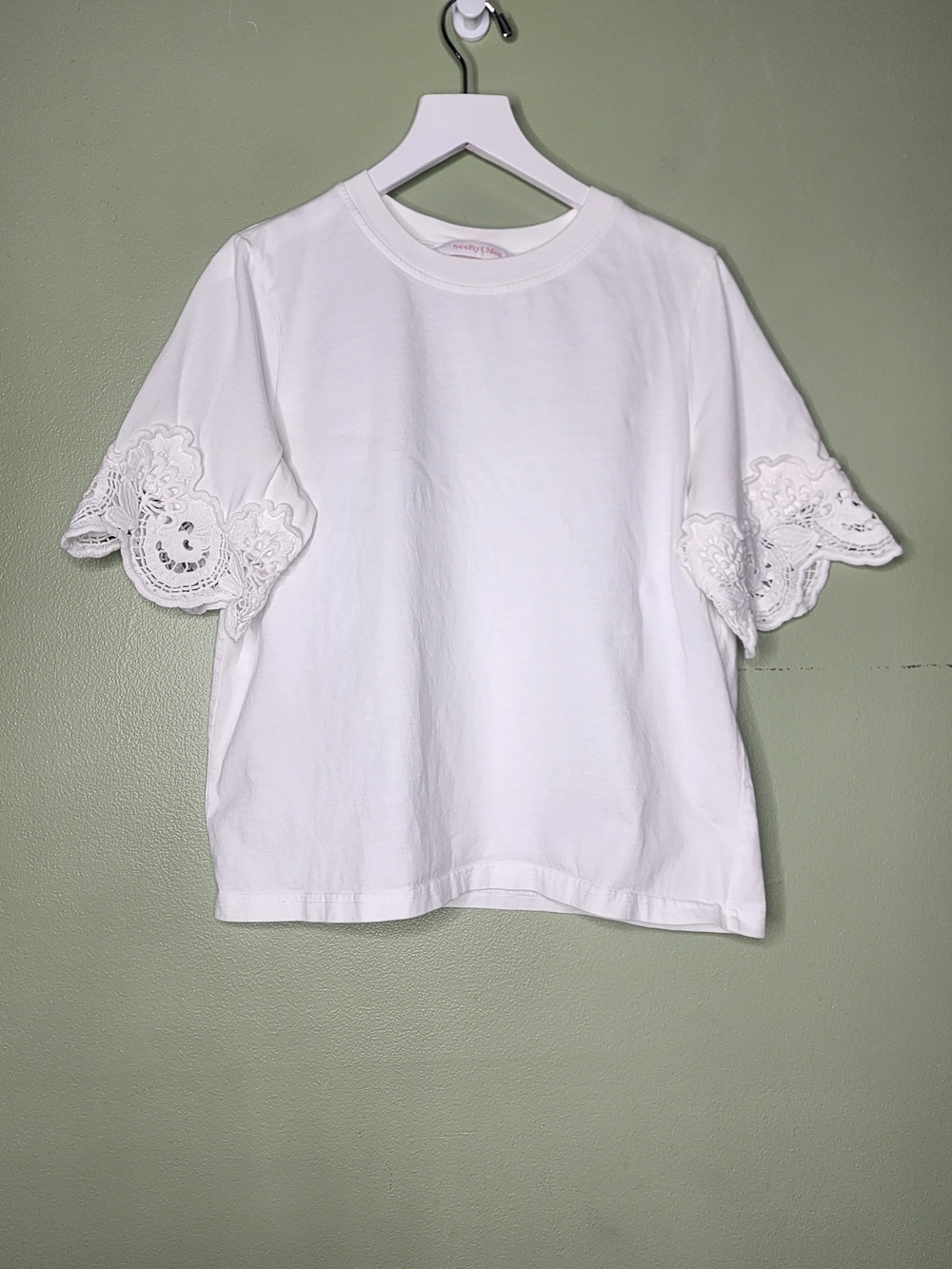 See By Chloe White Scalloped Lace Short Sleeve Boxy Tee Boho Summer Resort XS